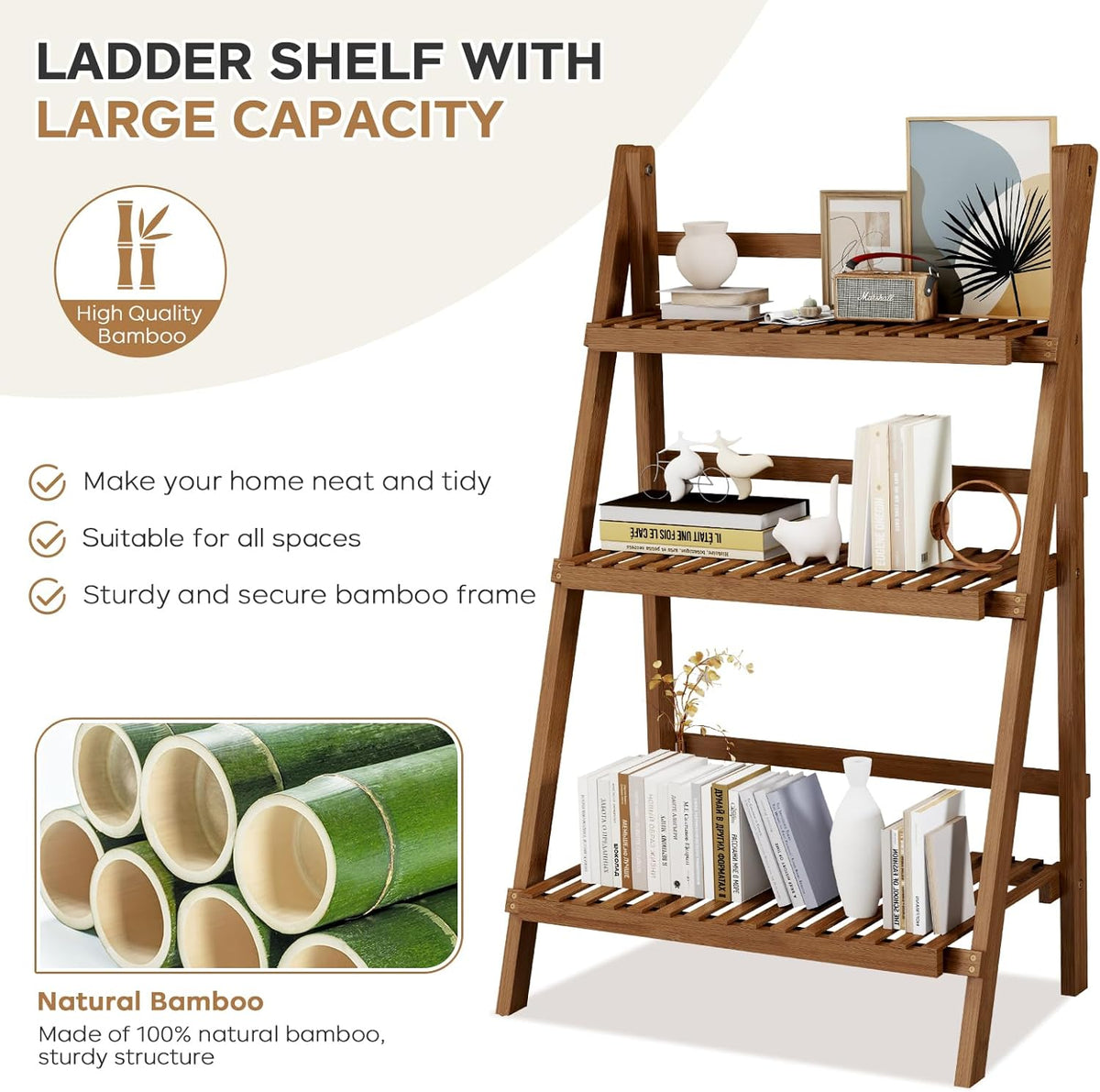 Bamboo Ladder Shelf 3-Tier Foldable Plant Stand, 23.6"W x 15"D x 39.4"H Freestanding Flower Pot Display Rack for Garden, Balcony, Patio, or Living Room, Walnut