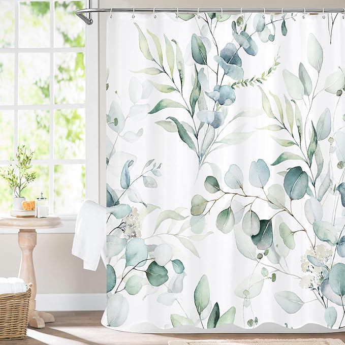 MitoVilla Sage Green Extra Long Shower Curtain 72 x 84, XL Spring Floral Fabric Cloth Shower Curtains for Chic Modern Bathroom Decor, Summer Watercolor Eucalyptus Leaf Shower Curtain
