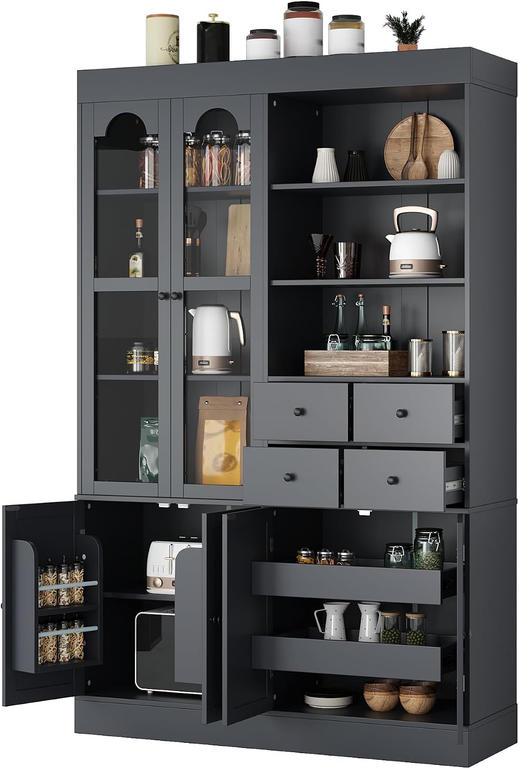 roomfitters 75 Inch Tall Kitchen Pantry Buffet Hutch with 4 Drawers and Glass Doors, Shaker Style, Gray