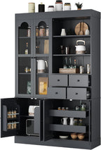 roomfitters 75 Inch Tall Kitchen Pantry Buffet Hutch with 4 Drawers and Glass Doors, Shaker Style, Gray