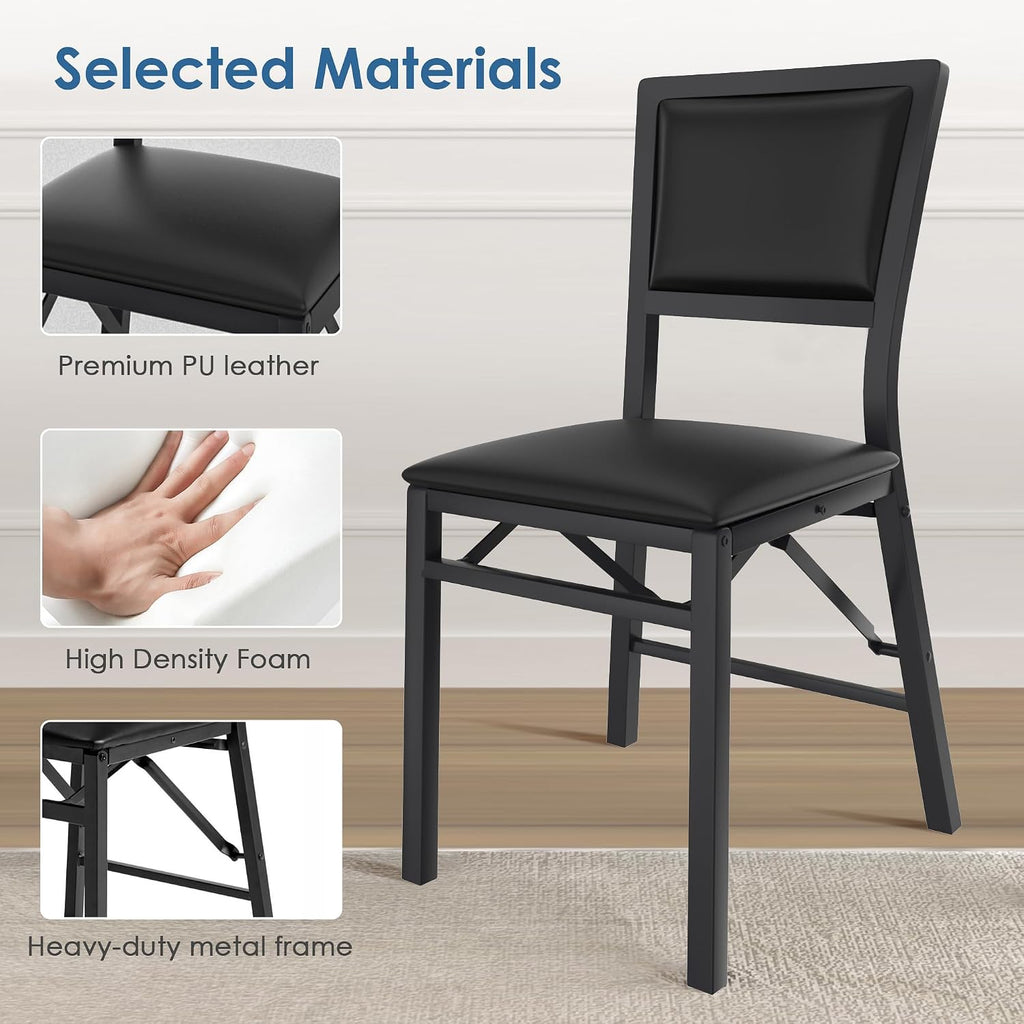 VECELO Folding Dining Chairs Set of 4, Metal Padded Foldable Seating with Comfortable Faux Leather, Space-Saving Portable Guest Seats for Kitchen & Office, No Assembly, Black