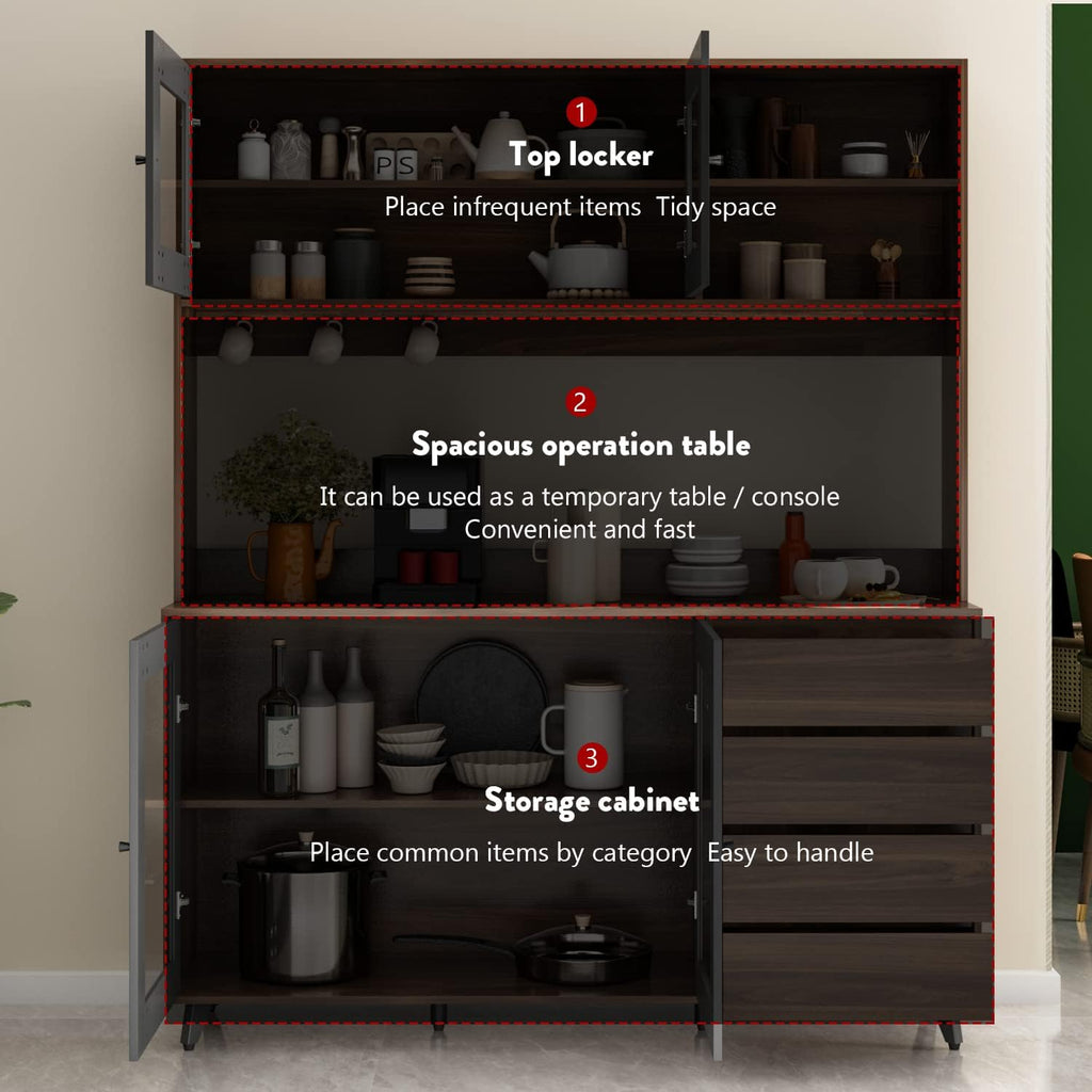 AGOTENI Large Kitchen Hutch Cabinet, Storage Cupboard Pantry with 4 Glass Doors, 4 Drawers & Microwave Shelf, for Kitchen Open Storage, Rustic Brown (63" W x 15.7" D x 74.8" H)