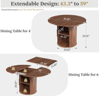 weselon 43"-59" Extendable Round to Oval Dining Table with Hidden Storage, Modern Wooden Kitchen Table with Fluted Sliding Door Cabinet, Expandable Dinner Table for Dining Room Living Room (Walnut)