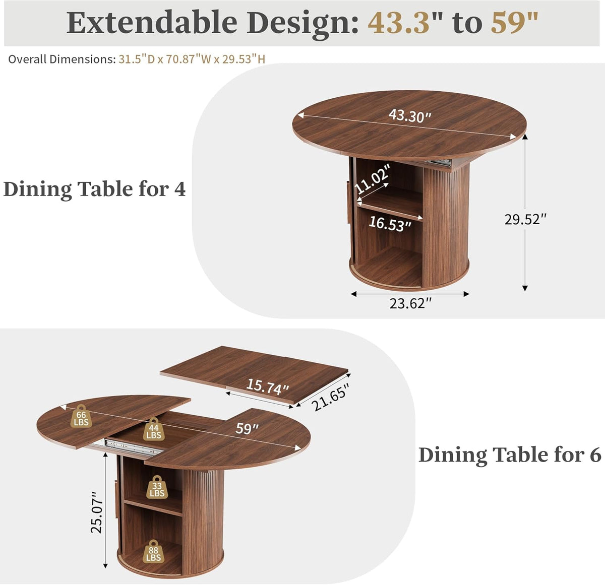 weselon 43"-59" Extendable Round to Oval Dining Table with Hidden Storage, Modern Wooden Kitchen Table with Fluted Sliding Door Cabinet, Expandable Dinner Table for Dining Room Living Room (Walnut)