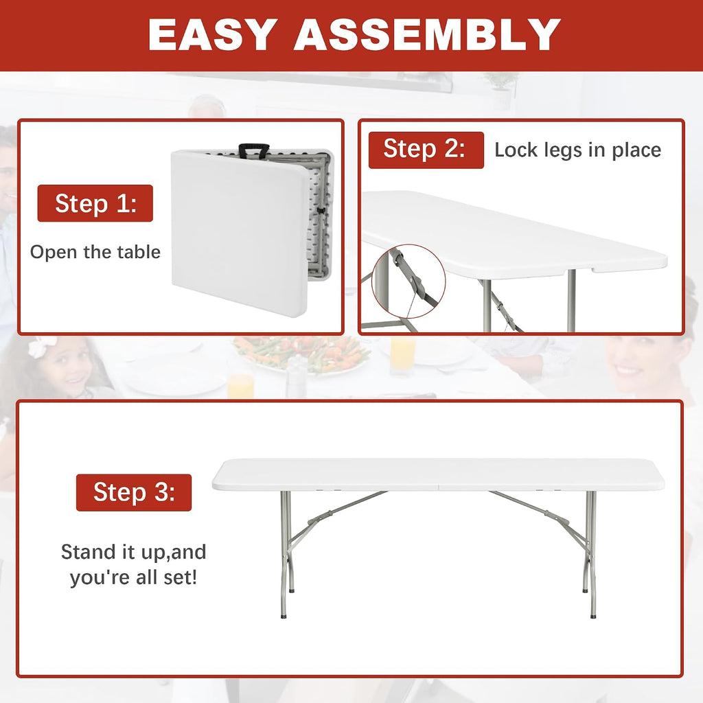 Elevon Folding Table, 8 Feet Heavy Duty Fold-in-Half Utility Table Indoor Outdoor for Camping, Picnic, Party