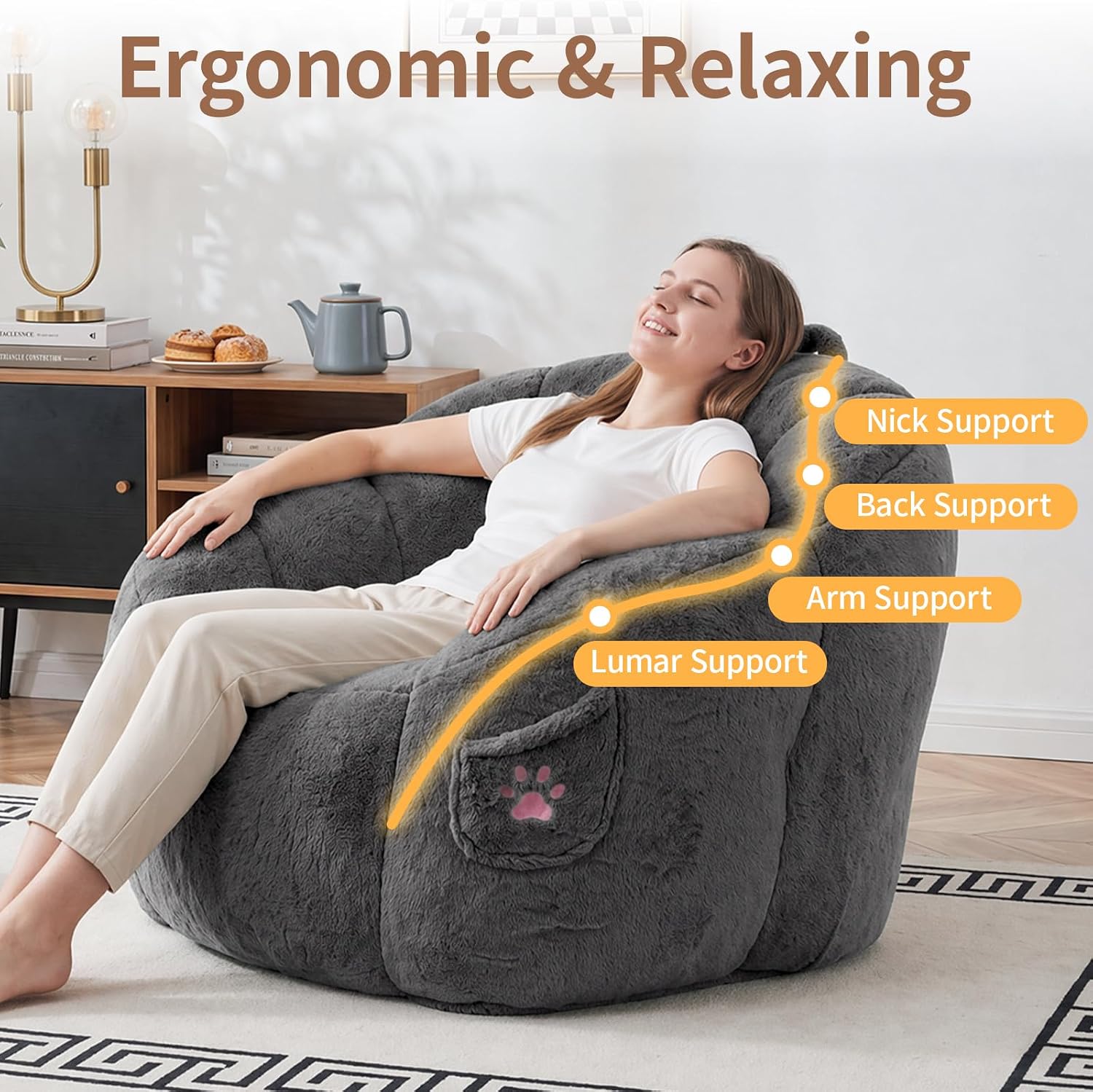 Vipbear Cat Paw Bean Bag Chair, Oversized Air-Cushion Sofa Chair Dark Gray | 39", air-cushion filling, cat paw Pocket, carry handle, oversized firm support, ergonomic, plush faux fur, gaming, reading