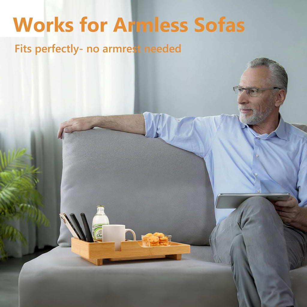 Couch Tray Insert for Middle Seat, Bamboo Couch Table with 2 Cup Holders, Fits Armless Sofa & Sectionals, Fold-Flat Tray for Drinks, Snacks & Remotes, Natural Bamboo