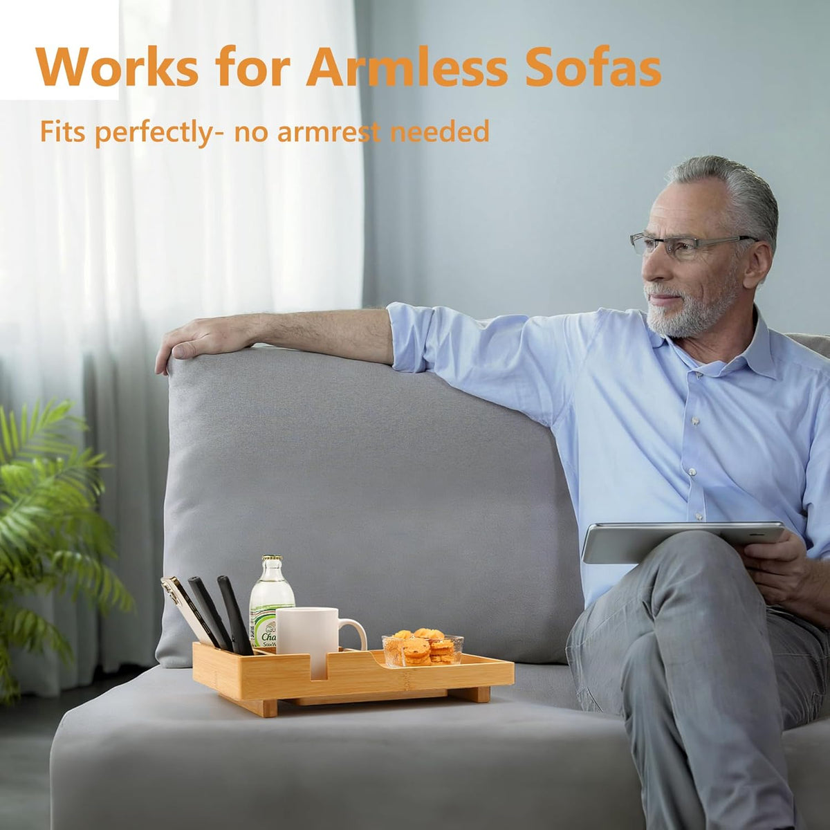 Couch Tray Insert for Middle Seat, Bamboo Couch Table with 2 Cup Holders, Fits Armless Sofa & Sectionals, Fold-Flat Tray for Drinks, Snacks & Remotes, Natural Bamboo