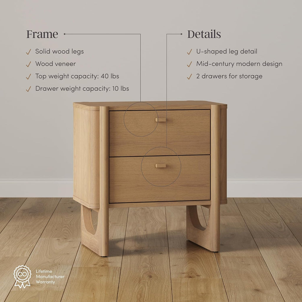 Nathan James Solace Mid Century Modern 2 Drawer Nightstand with Solid Wood Frame and Rounded Details, Raw Oak Set of 2