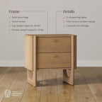 Nathan James Solace Mid Century Modern 2 Drawer Nightstand with Solid Wood Frame and Rounded Details, Raw Oak Set of 2