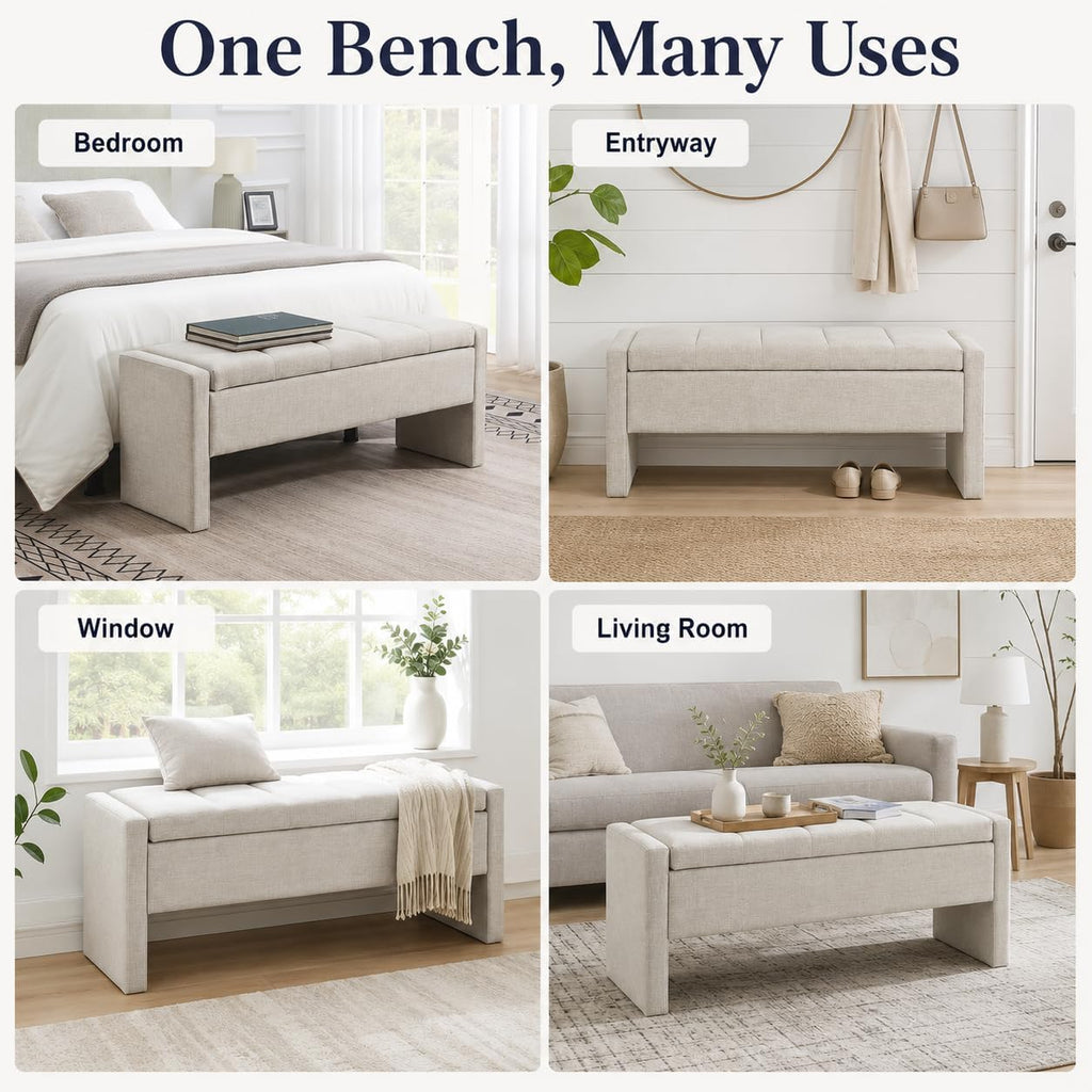 47.25 Inch Storage Ottoman Bench, Linen Upholstered, Light Grey | End of Bed Storage Bench, Entryway Shoe Bench and Footrest for Bedroom, Living Room, Dorm, Window Area and Small Spaces