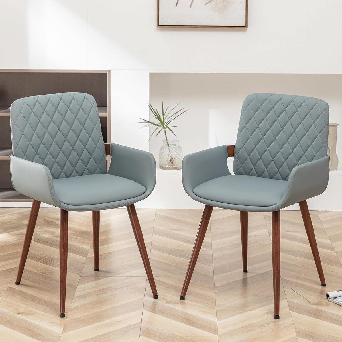 LUNLING Mid Century Modern Dining Room Chairs Set of 2 Accent Faux Leather Chair Bentwood Frame with Armrest,Upholstered Seat,Metal Legs Chair,Adjustable Foot for Kitchen Room Desk Chairs(Blue)