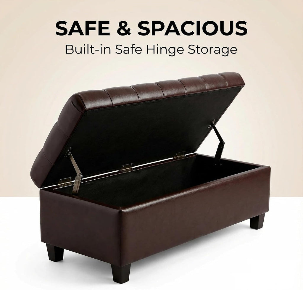 Leather Storage Bench for Living Room, End of Bed Bench with Storage, Large Upholstered Ottoman Benches Entryway Bench with Button-Tufted Shoe Cabinet Ottoman for Dining Room, Hallway, Brown