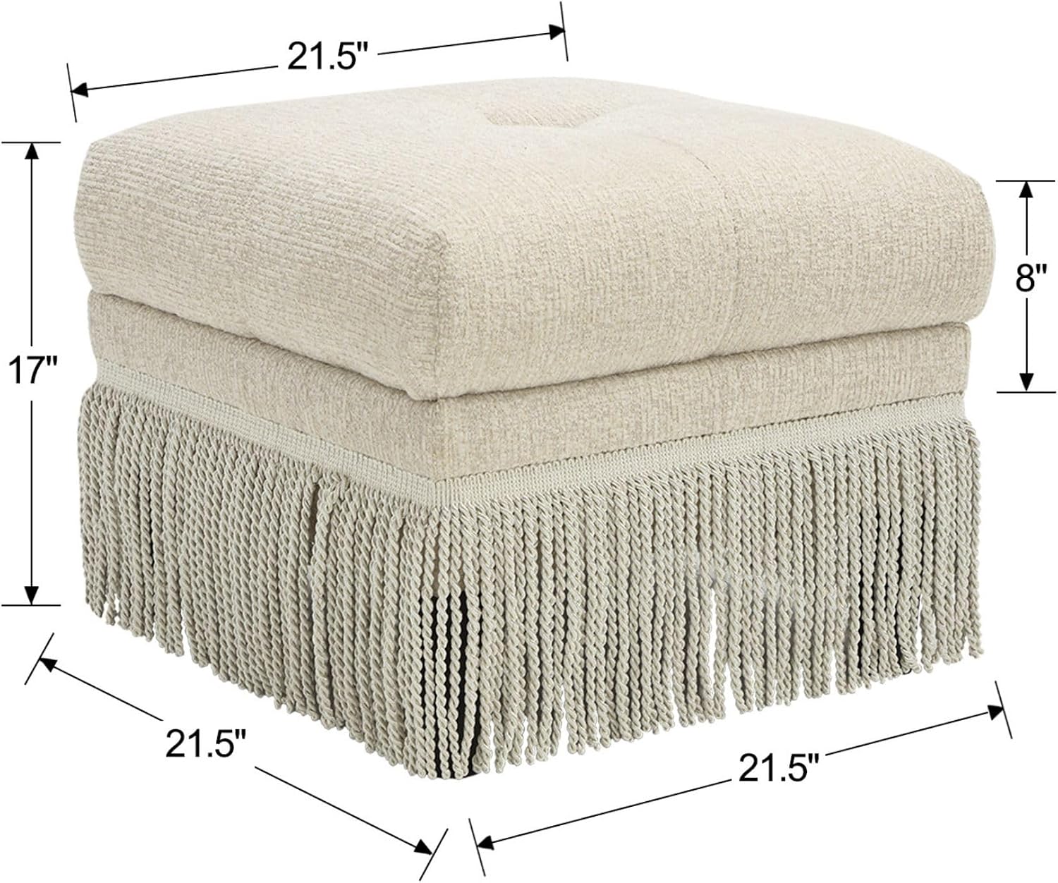 Hyfirm Brown Upholstered Ottoman Footstool with Fringe Skirt, 21.5" Square | Modern Tufted Soft Padded Footrest Cushion, Decorative Boho Tassel Vanity Accent Stool for Living Room Bedroom Entry