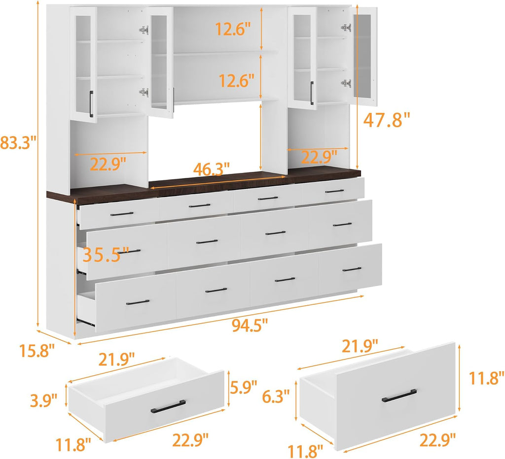 ECACAD 94.5" W Kitchen Pantry with Countertop, 12 Drawers & 4 Glass Doors, Modern Wooden Cupboard Storage Cabinet with 6 Hidden Shelves & 4 Open Shelves for Dining Room, White