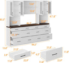 ECACAD 94.5" W Kitchen Pantry with Countertop, 12 Drawers & 4 Glass Doors, Modern Wooden Cupboard Storage Cabinet with 6 Hidden Shelves & 4 Open Shelves for Dining Room, White