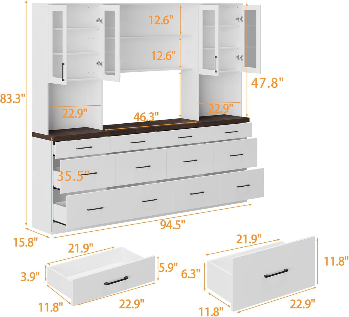 ECACAD 94.5" W Kitchen Pantry with Countertop, 12 Drawers & 4 Glass Doors, Modern Wooden Cupboard Storage Cabinet with 6 Hidden Shelves & 4 Open Shelves for Dining Room, White