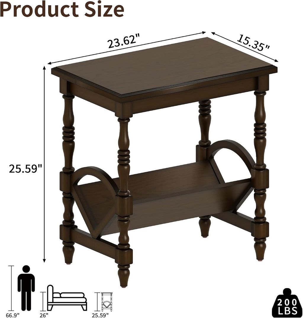 LKTART Wood End Table, Vintage Sofa Side Table with Magazine Rack and Rubberwood Legs, Bedside Table with Birch Wood Veneer Finish for Living Room Bedroom Small Space Home Office, Dark Brown