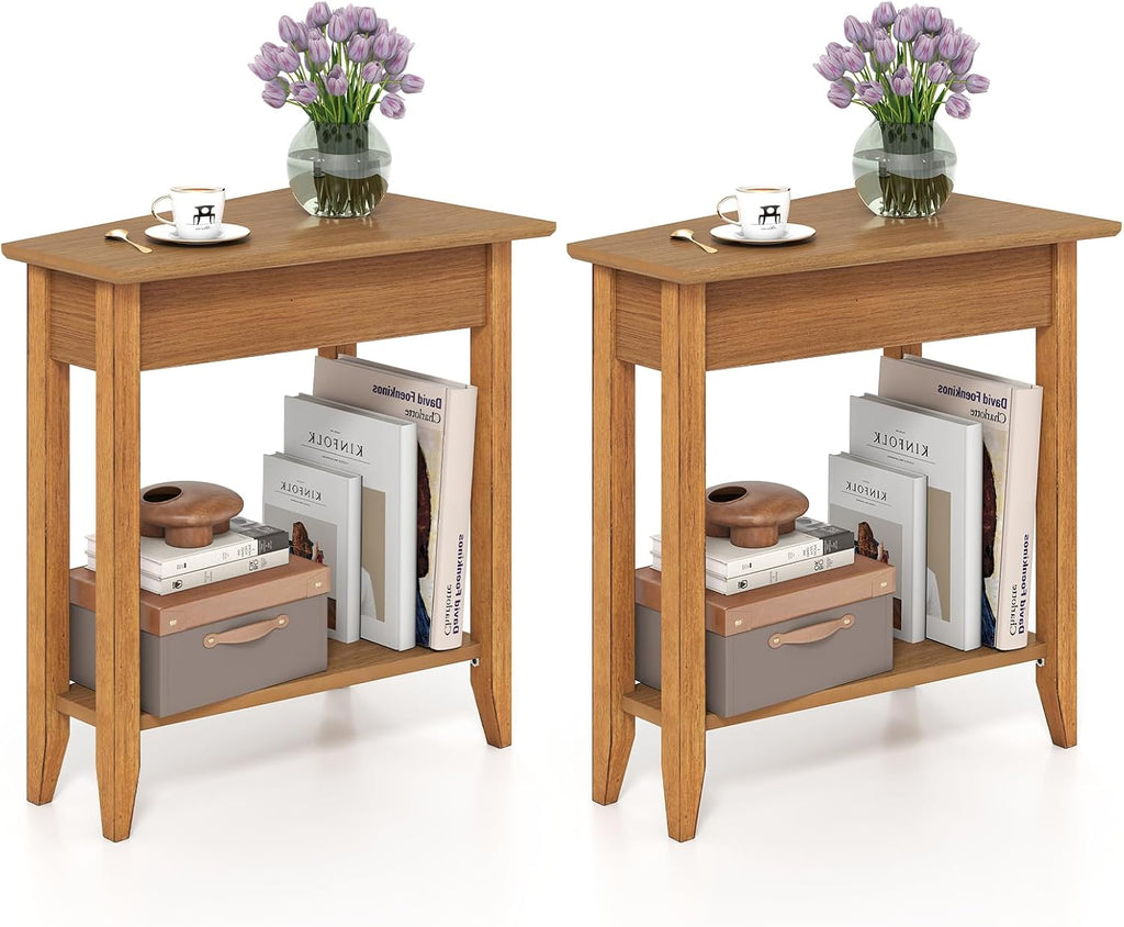 GOFLAME 2-Tier Wedge End Table Set of 2, Narrow Triangle Side Table with Storage Shelf, Solid Wood Legs, Nightstand, Recliner Wedge Table for Living Room, Bedroom, Small Space, Rustic Walnut