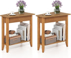 GOFLAME 2-Tier Wedge End Table Set of 2, Narrow Triangle Side Table with Storage Shelf, Solid Wood Legs, Nightstand, Recliner Wedge Table for Living Room, Bedroom, Small Space, Rustic Walnut
