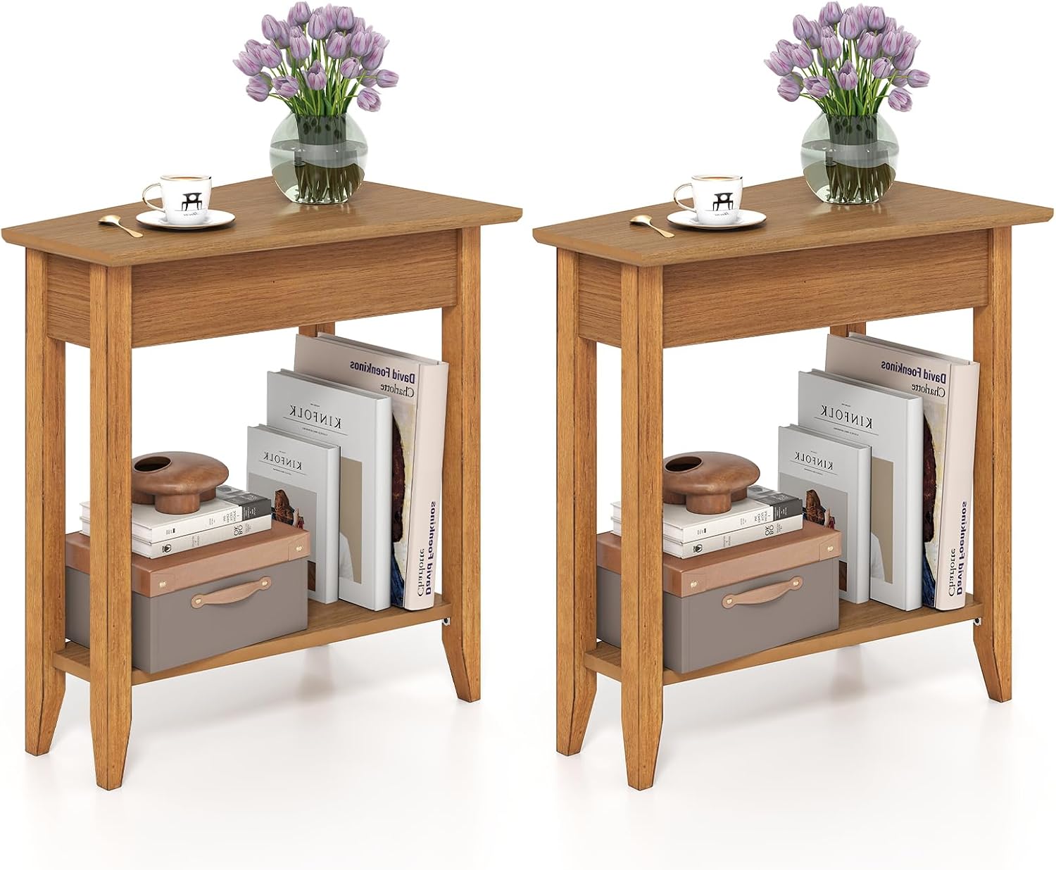 GOFLAME 2-Tier Wedge End Table Set of 2, Narrow Triangle Side Table with Storage Shelf, Solid Wood Legs, Nightstand, Recliner Wedge Table for Living Room, Bedroom, Small Space, Rustic Walnut