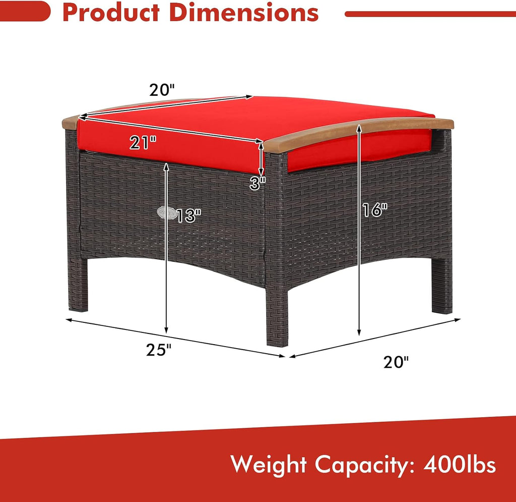 Tangkula 2 Piece Patio Rattan Ottomans, Outdoor Wicker Footstool w/Acacia Wood Handles, Soft Zippered Cushions, 3-in-1 Function Footstool Seat & Side Table for Backyard, Balcony, Poolside (Red)