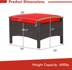 Tangkula 2 Piece Patio Rattan Ottomans, Outdoor Wicker Footstool w/Acacia Wood Handles, Soft Zippered Cushions, 3-in-1 Function Footstool Seat & Side Table for Backyard, Balcony, Poolside (Red)