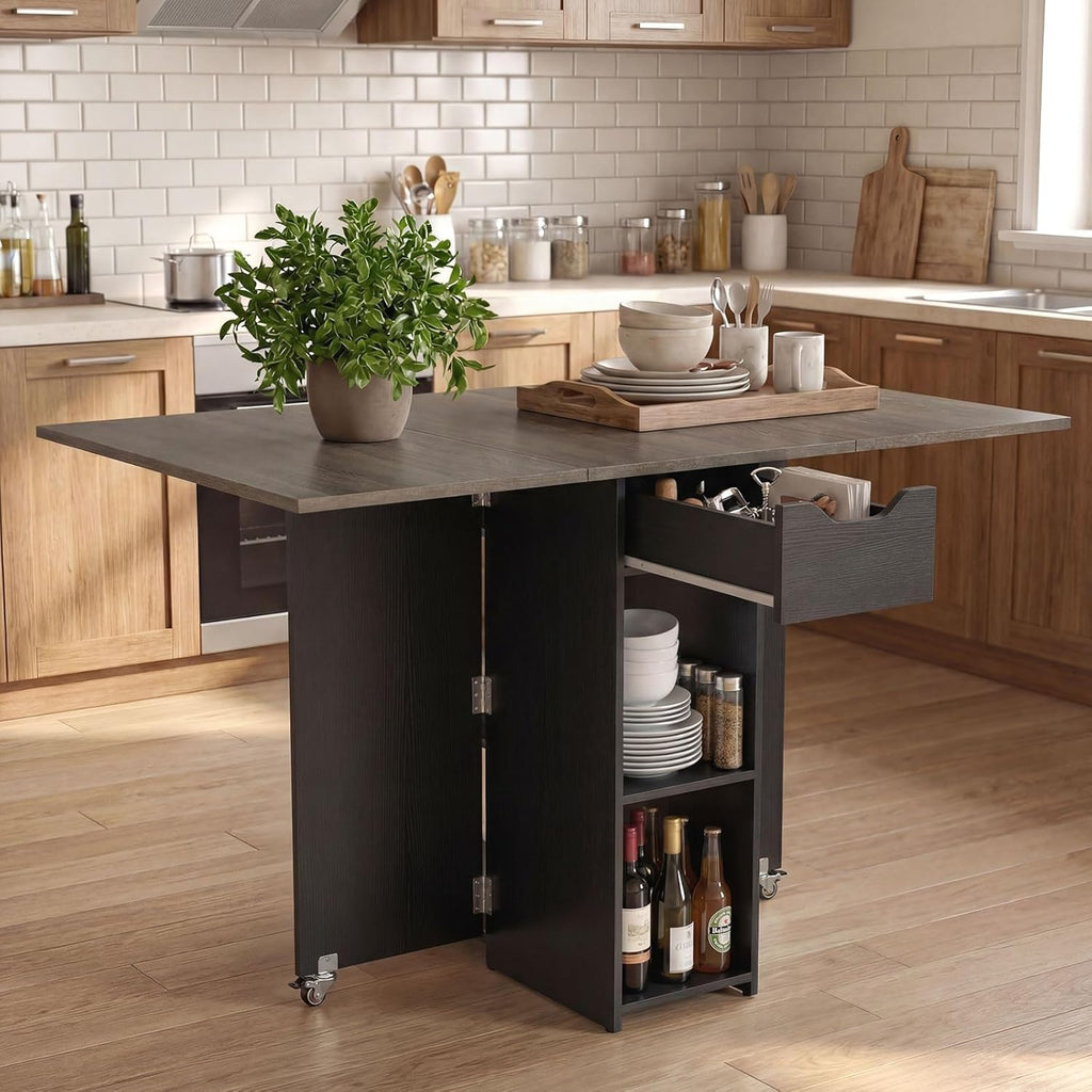 GOFLAME Drop Leaf Dining Table for 2-4, Folding Kitchen Table with Open Shelves & Drawer, Lockable Wheels, Space Saving Extendable Table for Dining Room, Living Room, Small Space, Grey Oak & Black