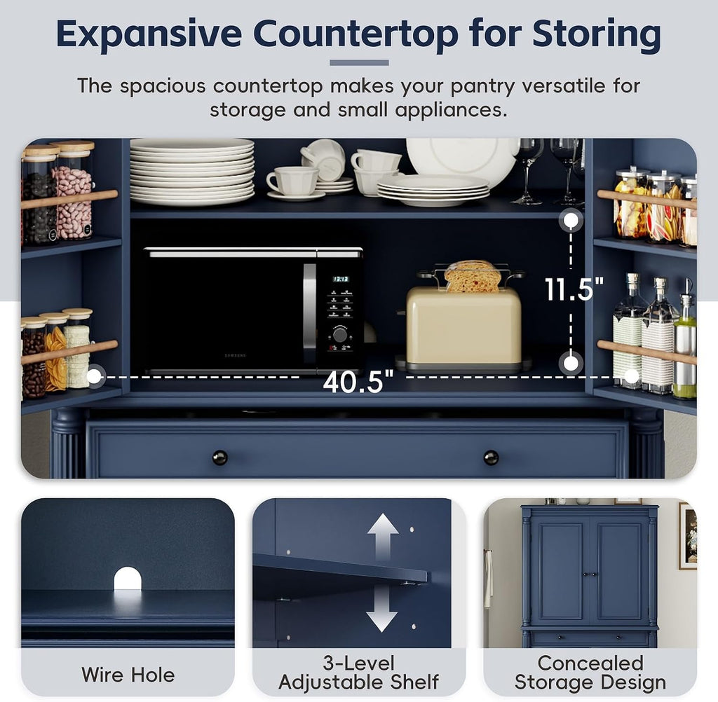 Spaco 77.3" Tall Kitchen Pantry Cabinet,Modern Pantry Storage Cabine with 6 Door Shelves,2 Adjustable Shelves and 5 Drawers,Freestanding Buffet Cupboard for Kitchen,Dining Room. (Blue)