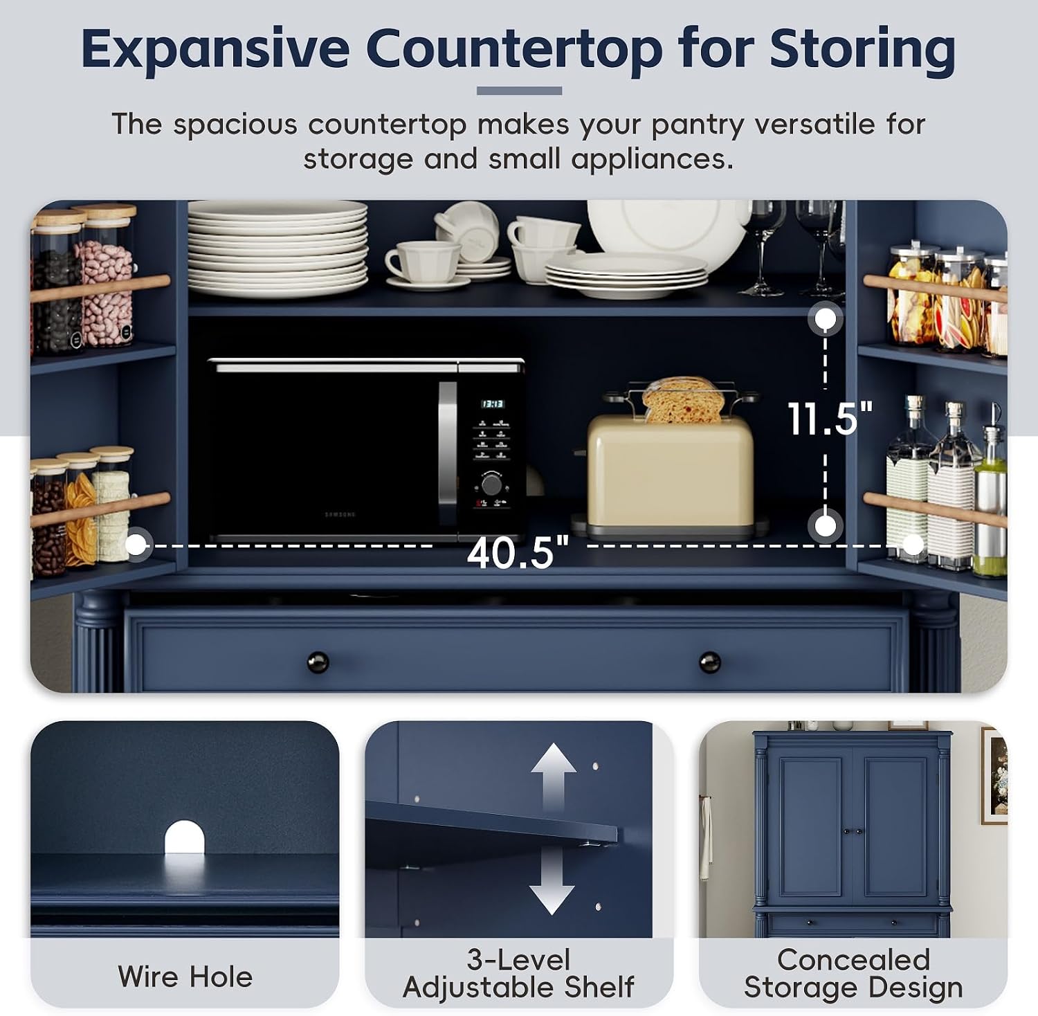 Spaco 77.3" Tall Kitchen Pantry Cabinet,Modern Pantry Storage Cabine with 6 Door Shelves,2 Adjustable Shelves and 5 Drawers,Freestanding Buffet Cupboard for Kitchen,Dining Room. (Blue)