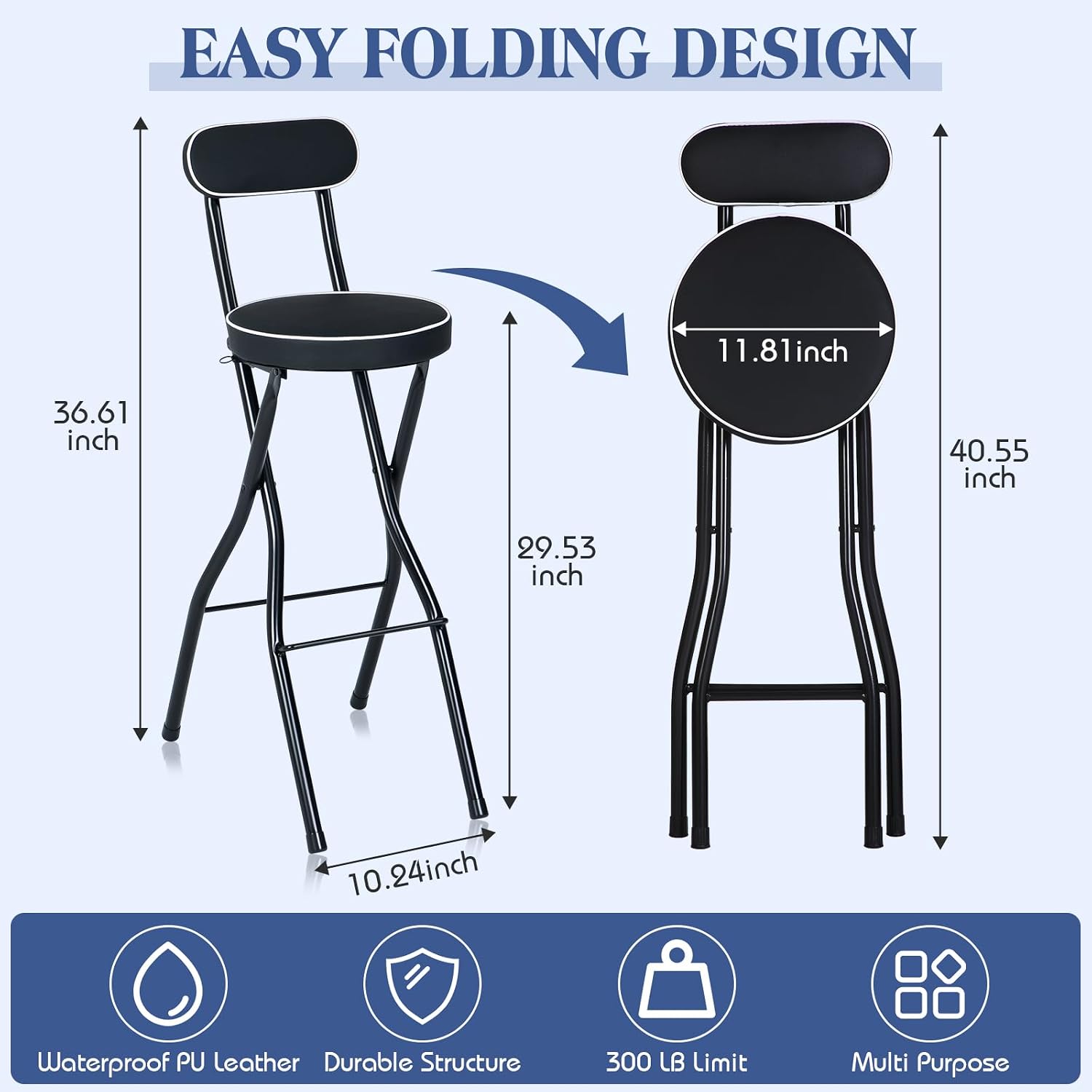 Thyle 1 Pcs 29.5 Inch Folding Bar Stool with Backrest Tall Foldable Stool Chair with Cushioned Padded Portable Collapsible Counter Height Chair for Kitchen Island Shop Cafe Dining Room