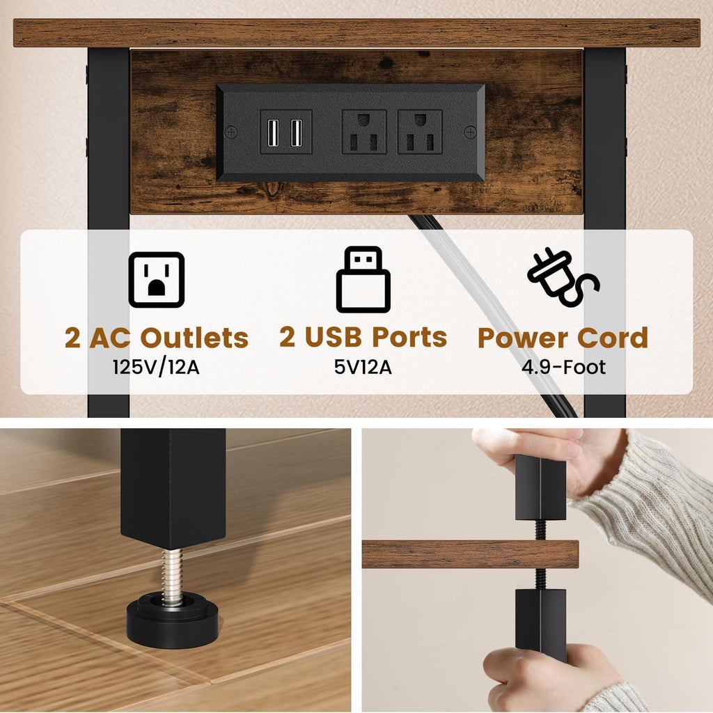 Asgolion Tall End Table with Charging Station, Skinny Nightstand with USB Ports and Outlets, 3 Tier Narrow Side Table with Storage for Bedroom, Living Room, Office, Rustic Brown and Black