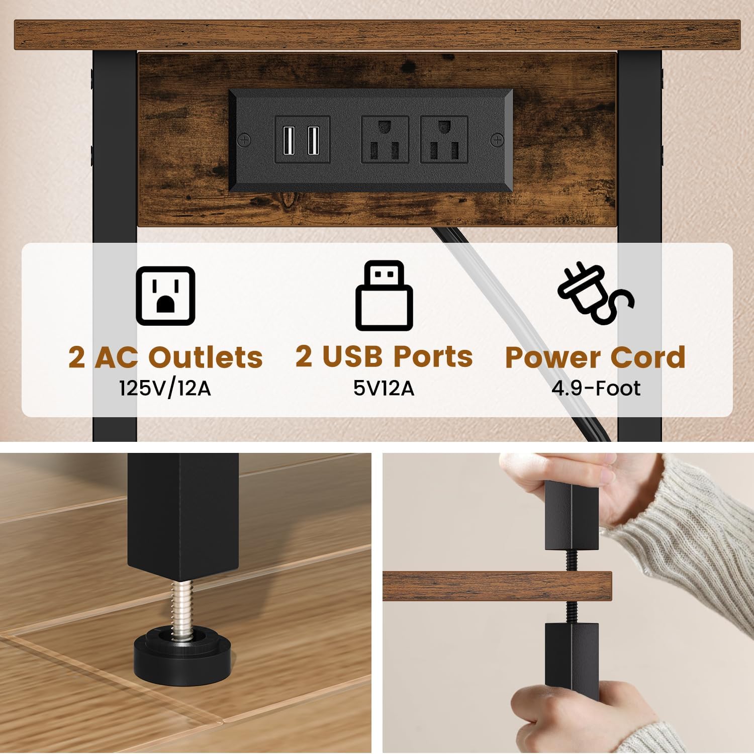 Asgolion Tall End Table with Charging Station, Skinny Nightstand with USB Ports and Outlets, 3 Tier Narrow Side Table with Storage for Bedroom, Living Room, Office, Rustic Brown and Black