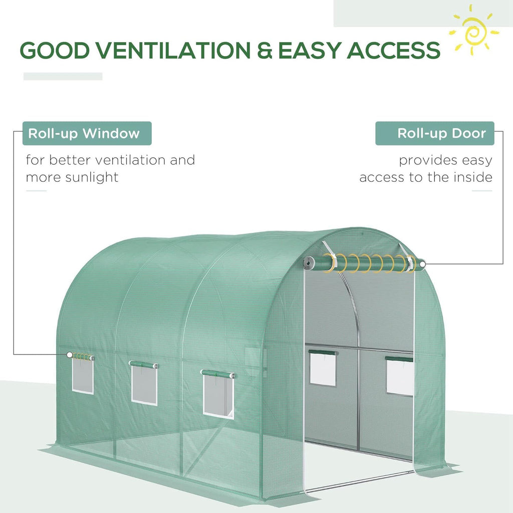 Outsunny 9.8' x 6.6' x 6.6' Plastic Greenhouse Cover Replacement, Heavy Duty Waterproof Tarp for Hoop House, Sheeting with 6 Windows, Door & Reinforcement Grid, Green