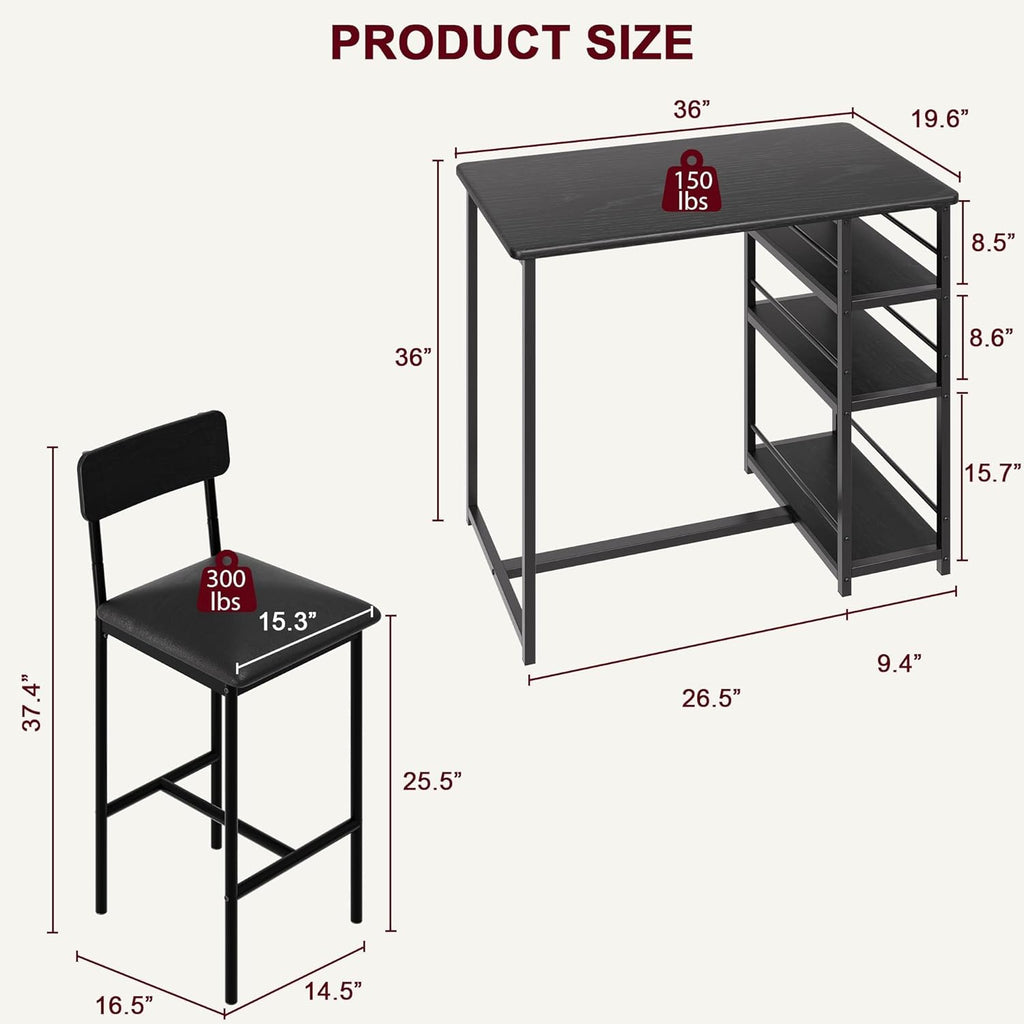 Bar Table and Chair Set with Three Shelves Small 2-Person Dining Table with 2 upholstered stools with backrests Suitable for Restaurants and bistros -Black