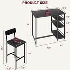 Bar Table and Chair Set with Three Shelves Small 2-Person Dining Table with 2 upholstered stools with backrests Suitable for Restaurants and bistros -Black