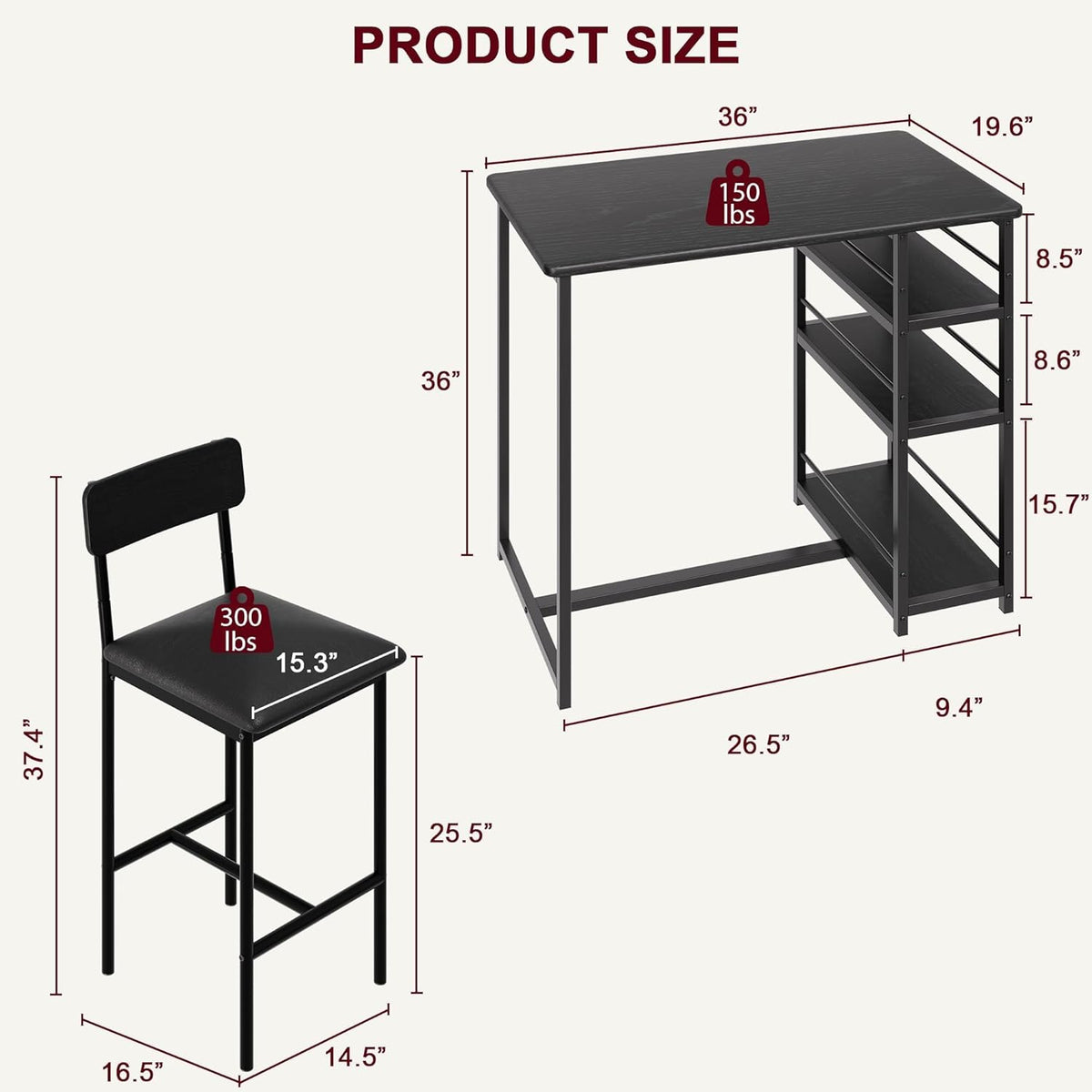 Bar Table and Chair Set with Three Shelves Small 2-Person Dining Table with 2 upholstered stools with backrests Suitable for Restaurants and bistros -Black