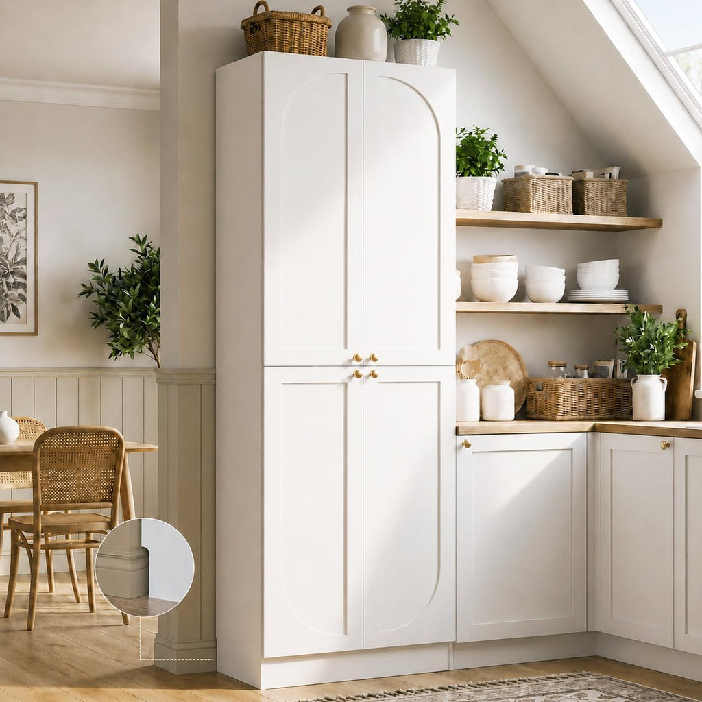 Cyclysio 80" Kitchen Pantry with 4 Soft Close Doors, Seamless Fit Wall | Extra Tall Arch Storage Cabinet with Adjustable Shelves, Freestanding Wood Cupboard for Dining Living Room Bathroom Furniture
