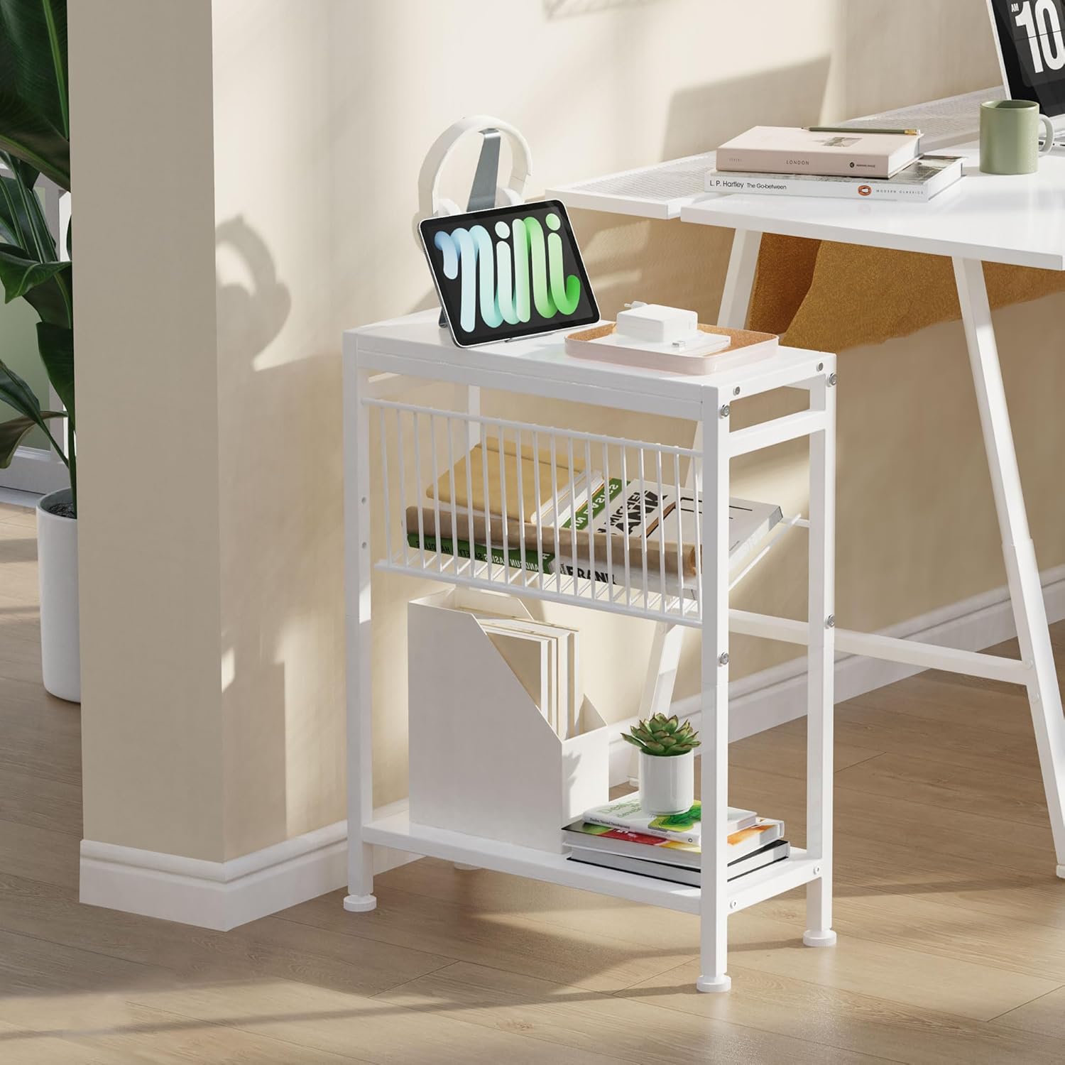 Side Table for Small Spaces, Narrow End Table with Magazine Holder, 2 in 1 Design Slim Side Table, Skinny Nightstand for Living Room Bedroom, Thin Side Magazine Table, White