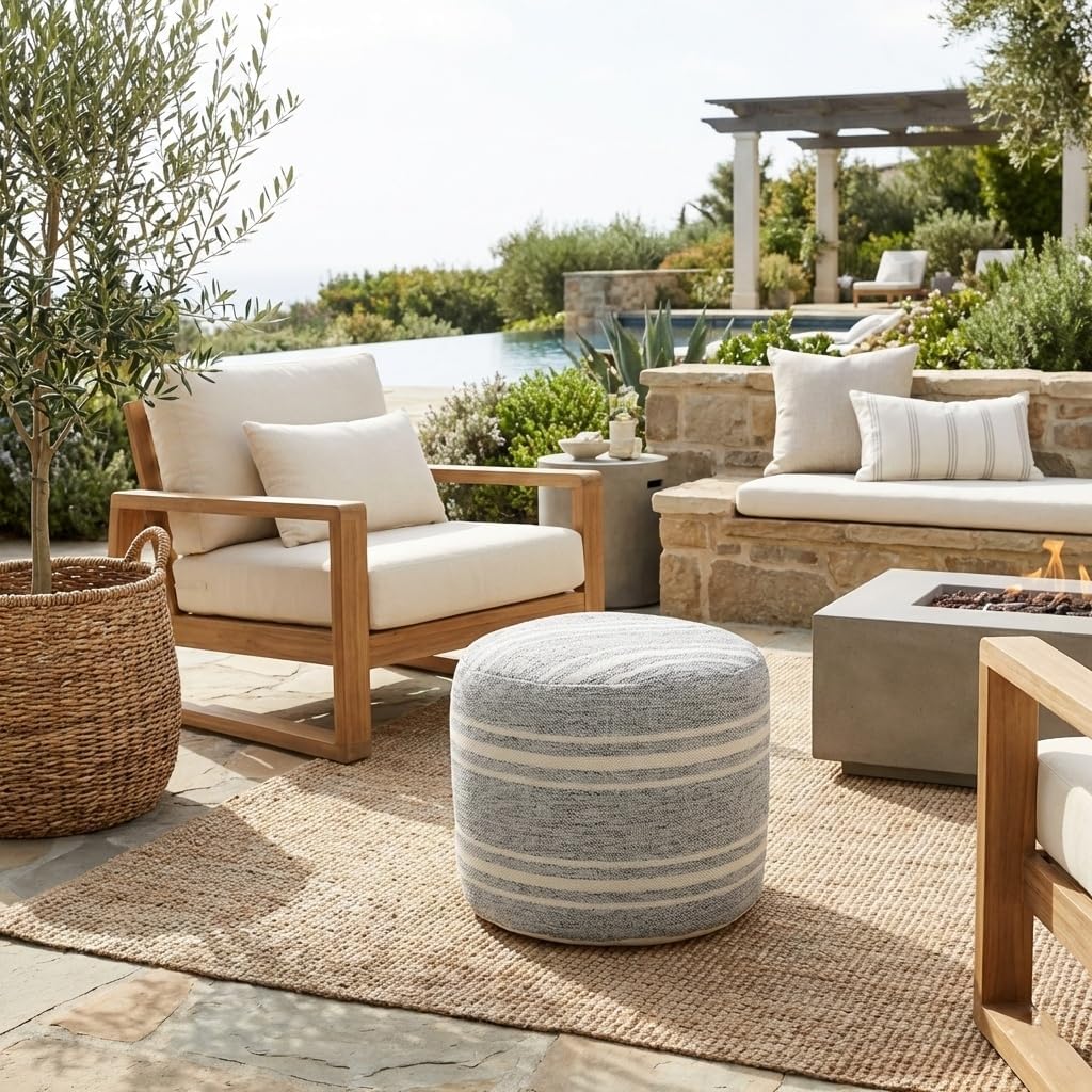 LR Home Ox Bay Farmhouse Triple Stripe Indoor Outdoor Pouf, Gray/White, 18" x 18" x 14"