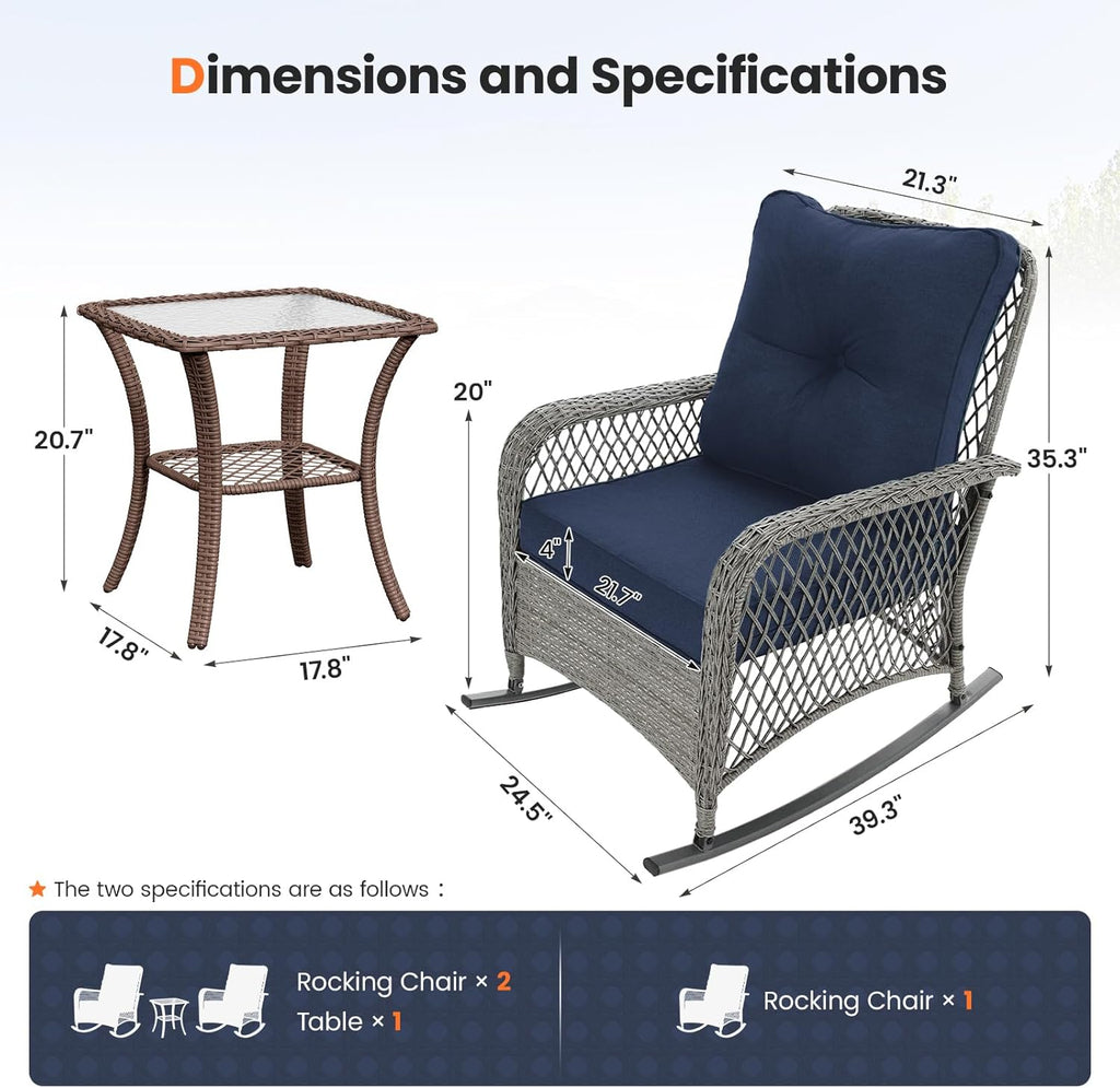 UDPATIO Rocking Chair Outdoor Set 2 with Coffee Table, 3 Piece Wicker Rocking Bistro Set with 4" Water-Resistant Cushions, Oversized, 350lbs Heavy-Duty, for Porch, Patio, Balcony, Brown/Navy