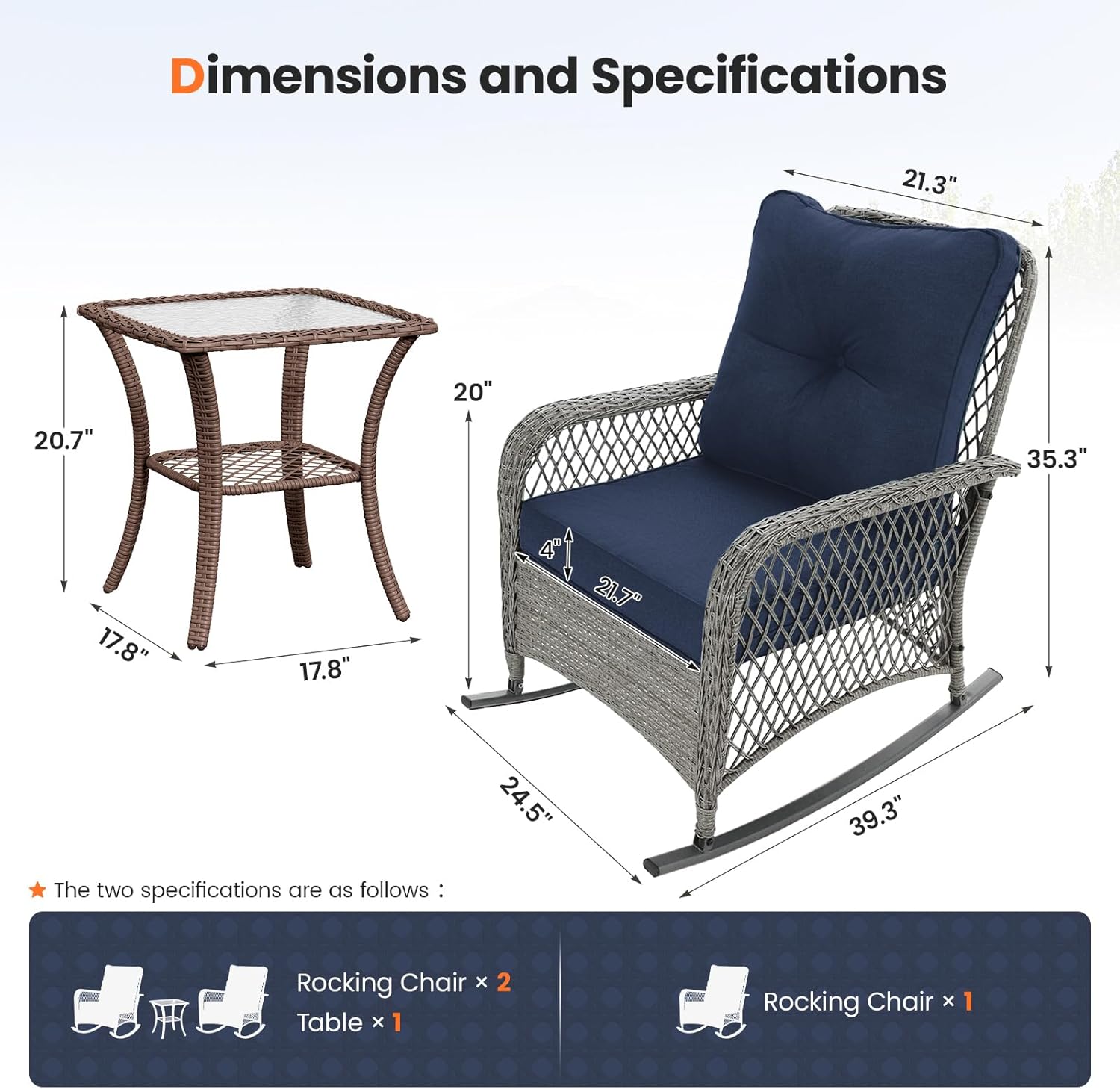 UDPATIO Rocking Chair Outdoor Set 2 with Coffee Table, 3 Piece Wicker Rocking Bistro Set with 4" Water-Resistant Cushions, Oversized, 350lbs Heavy-Duty, for Porch, Patio, Balcony, Brown/Navy
