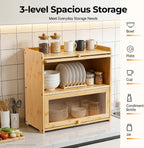 Countertop Kitchen Pantry Cabinet, 20.5x9.8x19.7in Dual-Layer Storage Cabinet for Kitchen Counter, Bamboo Storage Bin with Acrylic Door Panel, Elevated Fence, Translucent Hovering Cabinet Door (Log)