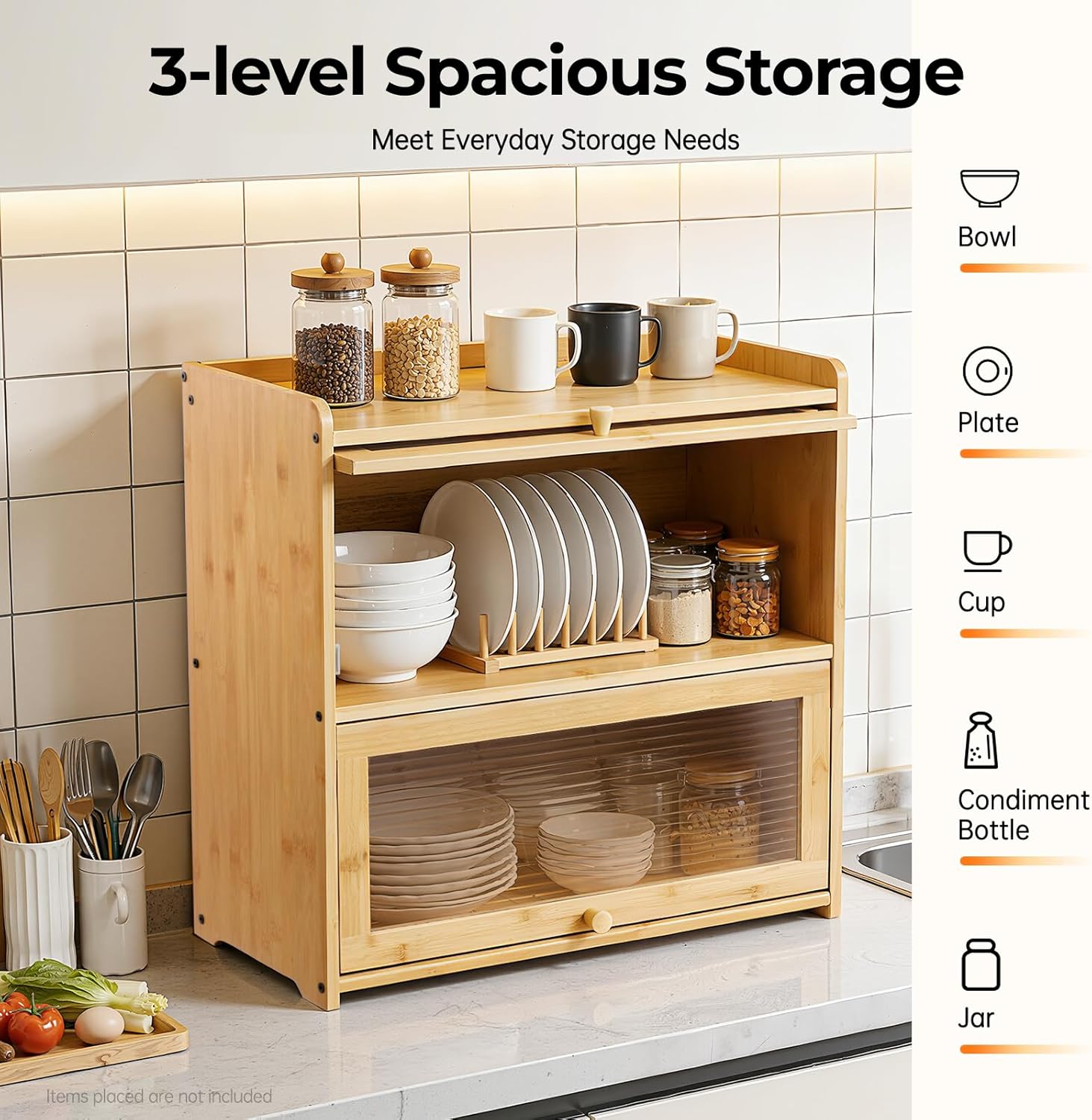 Countertop Kitchen Pantry Cabinet, 20.5x9.8x19.7in Dual-Layer Storage Cabinet for Kitchen Counter, Bamboo Storage Bin with Acrylic Door Panel, Elevated Fence, Translucent Hovering Cabinet Door (Log)