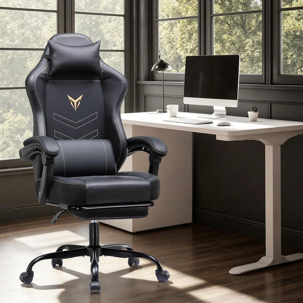 GTPLAYER Gaming Chair, Office Chair High Back Computer Chair with Foot Rest for Adults, Leather Desk Chair Executive Ergonomic Height Adjustable with Headrest and Lumbar Support, 300lbs Black