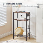 HOOBRO 15.7" Narrow Console Table with Charging Station, 3 Tier Entryway Table for Small Space, Behind Couch Table, Sofa Table, for Entryway, Hallway, Living Room, Rustic Brown and Black BF42UXG01