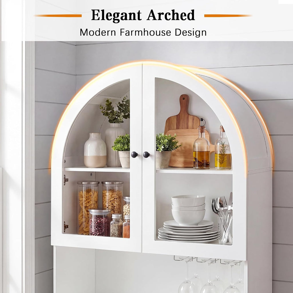 Polibi 75" Farmhouse Arched Pantry Cabinet with Charging Station, Adjustable Shelves, Open Countertop & Glass Racks, Tempered Glass Door & Barn Door, Coffee Bar Cabinet for Dining Room, White