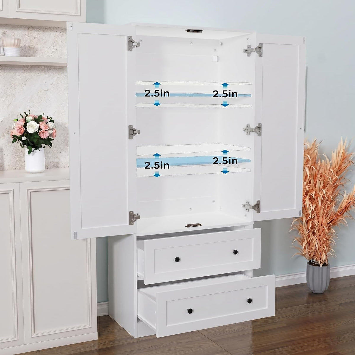 DIYART 64.2" Tall White Kitchen Pantry, Storage Cabinet with Doors and Drawers, Freestanding Wooden Organizer for Kitchen, Dining Room