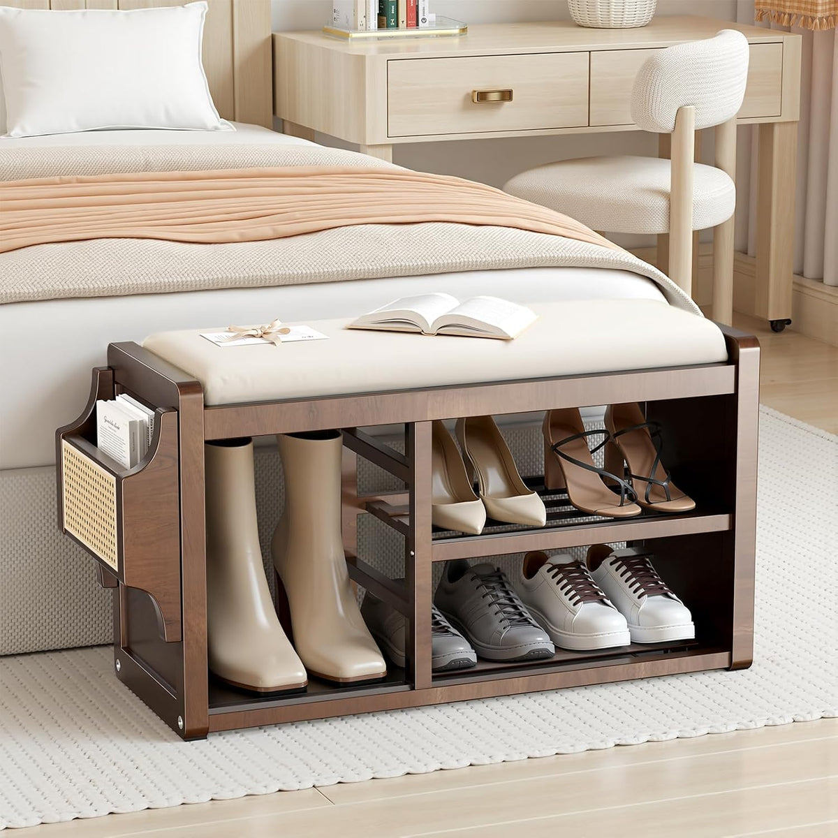 Solid Wood Shoe Bench with Leather Cushion, Shoe Storage Organizer with Side Holder, Shoe Rack Bench for Entryway, Hallway, Living Room, Mudroom, Holds Up to 550lb (Walnut, 39.4"W*12.6"D*18.9"H)