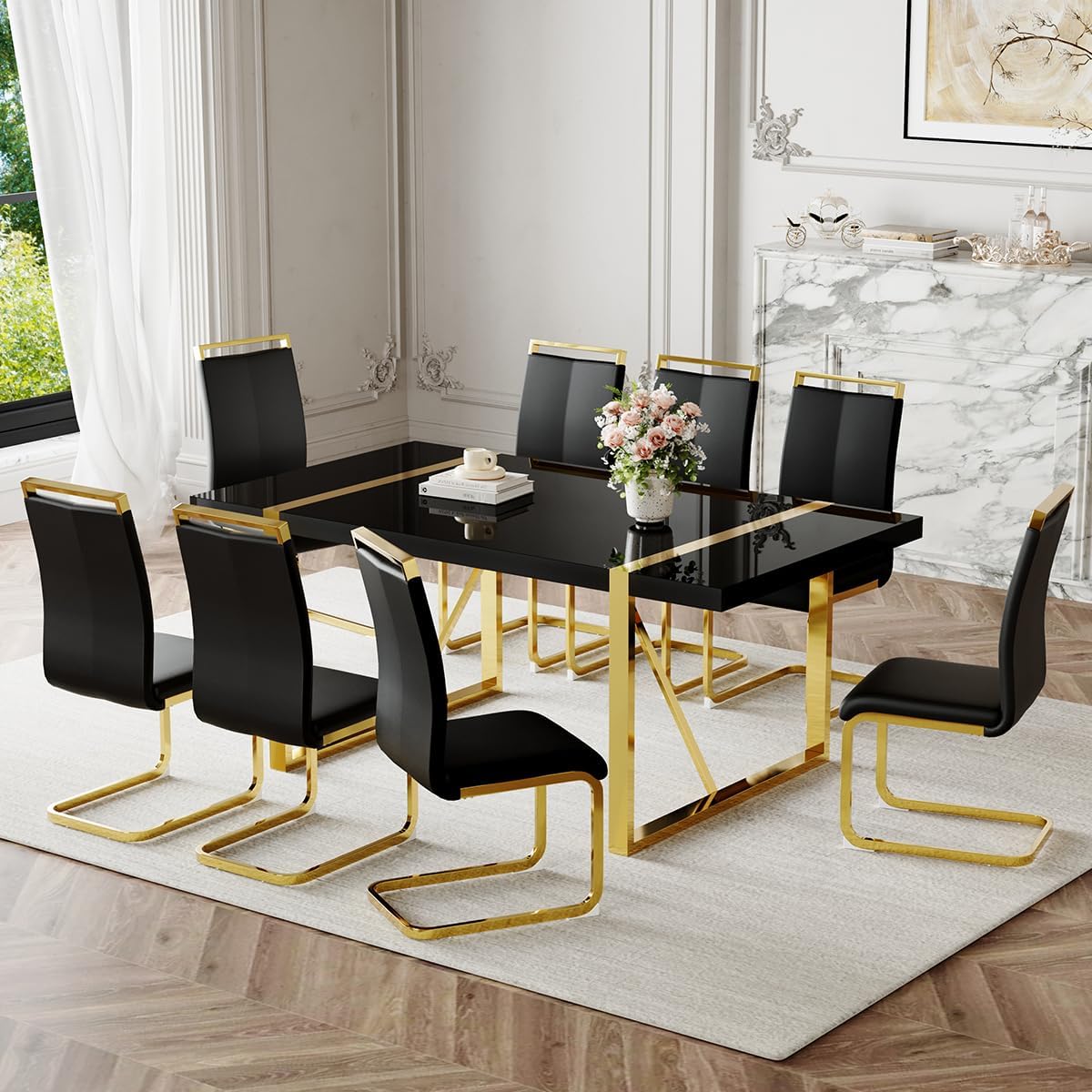 71" Modern Dining Table Set for 8, Black Dining Table Set for 8, Black Wood Tabletop with Gold Metal Legs, Rectangular Kitchen Table and 8 Faux Leather Chair for Apartment, Kitchen & Dining Room